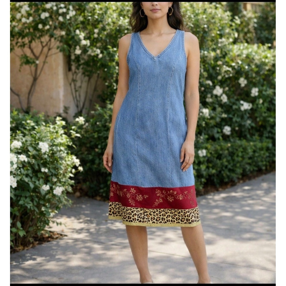 Positive Attitude Y2K Denim Dress Size 14 Patchwork Artsy Leopard Satin Hem Midi